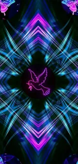 Neon abstract wallpaper with dove and butterfly design.