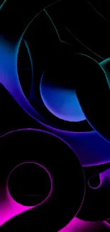 Vibrant neon abstract design with purple and blue curves on a dark background.