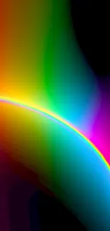 Neon abstract wallpaper with vibrant rainbow spectrum on phone screen.