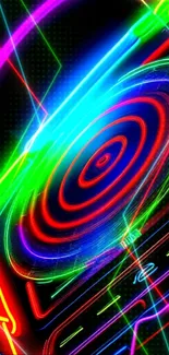 Vibrant neon abstract wallpaper with colorful swirling lights.