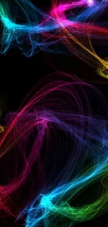 Vibrant neon abstract wallpaper with dynamic swirls on black background.