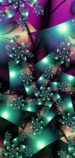 Vibrant neon fractal art wallpaper with glowing abstract patterns.