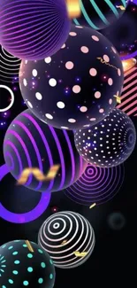 Vibrant neon abstract wallpaper with colorful 3D spheres on a black background.