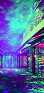 Vibrant neon abstract wallpaper with futuristic corridor.