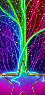 Colorful neon star with vibrant trails.