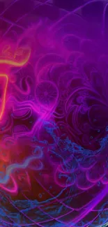 Vibrant neon abstract mobile wallpaper in purple hues with dynamic swirling patterns.