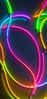 Vibrant neon abstract wallpaper with colorful glowing tubes on a dark background.