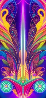 Vibrant neon abstract design with colorful intricate patterns for phone.