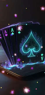 Vibrant neon ace cards with glowing spades on a futuristic background.