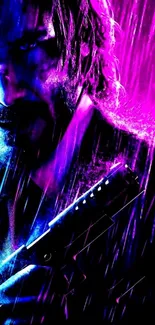 Neon silhouette in rain wallpaper, vibrant and bold colors.