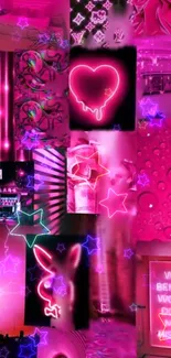 Bright neon pink collage with glowing stars and unique designs.