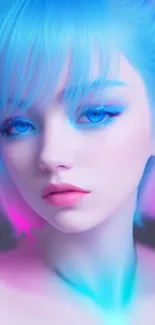 A vibrant portrait with neon blue and pink colors, perfect for a stylish wallpaper.