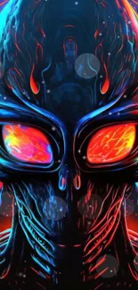 Vibrant neon alien artwork with intense blue and red hues.