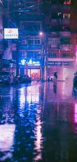 Neon-lit alley at night with colorful reflections on wet streets.