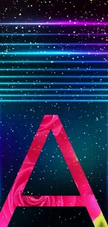 Vibrant neon 'A' in a colorful tunnel.