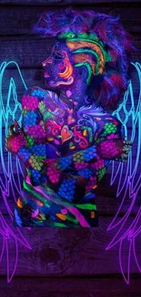 A neon-lit angel with colorful body paint and glowing wings.