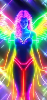 Vibrant neon angel with rainbow wings glowing in the dark.