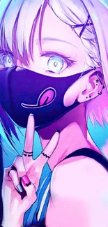 Anime girl with neon colors and mask in vibrant artwork.