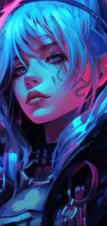 Vibrant neon anime character in blue and pink tones.