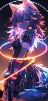 Anime character with neon lights and a fantasy backdrop.