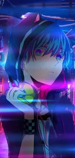 Vibrant neon anime artwork featuring a hooded character.