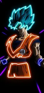 Neon anime character with glowing blue hair and orange outfit on black background.