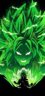 Intense anime figure with neon green energy on a dark background.