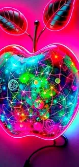 Vibrant neon apple with colorful, glowing design and intricate patterns.