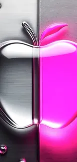 Neon pink and metal apple icon art wallpaper.