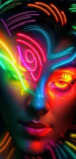 Vibrant neon art face with bold colors on a mobile wallpaper.