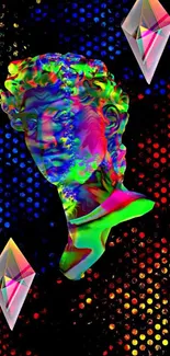 Vibrant neon art wallpaper with colorful sculpture and geometric patterns.