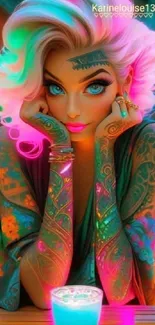 Vibrant neon anime character with tattoos and colorful makeup.