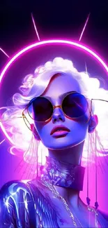 Digital art of a futuristic figure with neon lights and sunglasses.