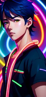 Stylized portrait with neon lights and vibrant colors on a dark background.