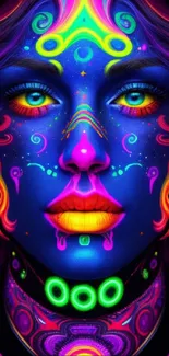 Colorful neon Art Nouveau wallpaper featuring a surreal face design.