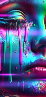 Vibrant neon art portrait with dripped paint effect in vivid colors.