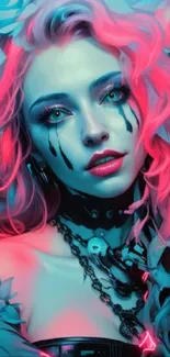 Vibrant neon art portrait with surreal elements.