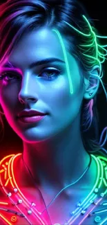 Vibrant neon-lit portrait on a mobile wallpaper with colorful futuristic design.