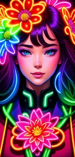 Neon art portrait of a woman with colorful glowing flowers.