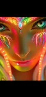 Vibrant neon face art wallpaper with glowing colors and intricate designs.