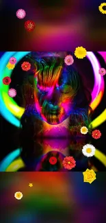 Vibrant neon colors and floral elements on phone wallpaper.