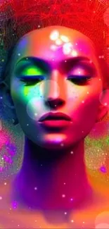 A vibrant, neon-colored surreal portrait wallpaper for mobile.