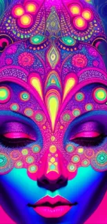 Psychedelic neon face art wallpaper with vibrant colors and intricate patterns.