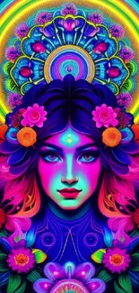 Vibrant neon art wallpaper with female portrait and floral elements.