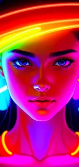 Vivid neon portrait with colorful lights and vibrant hues.