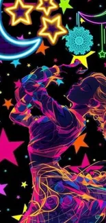 Silhouette with neon colors and stars in a cosmic background.