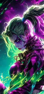 Stylized character in vibrant neon colors on digital wallpaper.