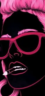 Neon pink artwork of a stylized person on a black background.