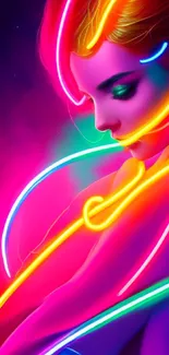 Vibrant neon art wallpaper with colorful lines and abstract design.