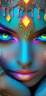 Vibrant neon art showing a colorful, mystical face design.